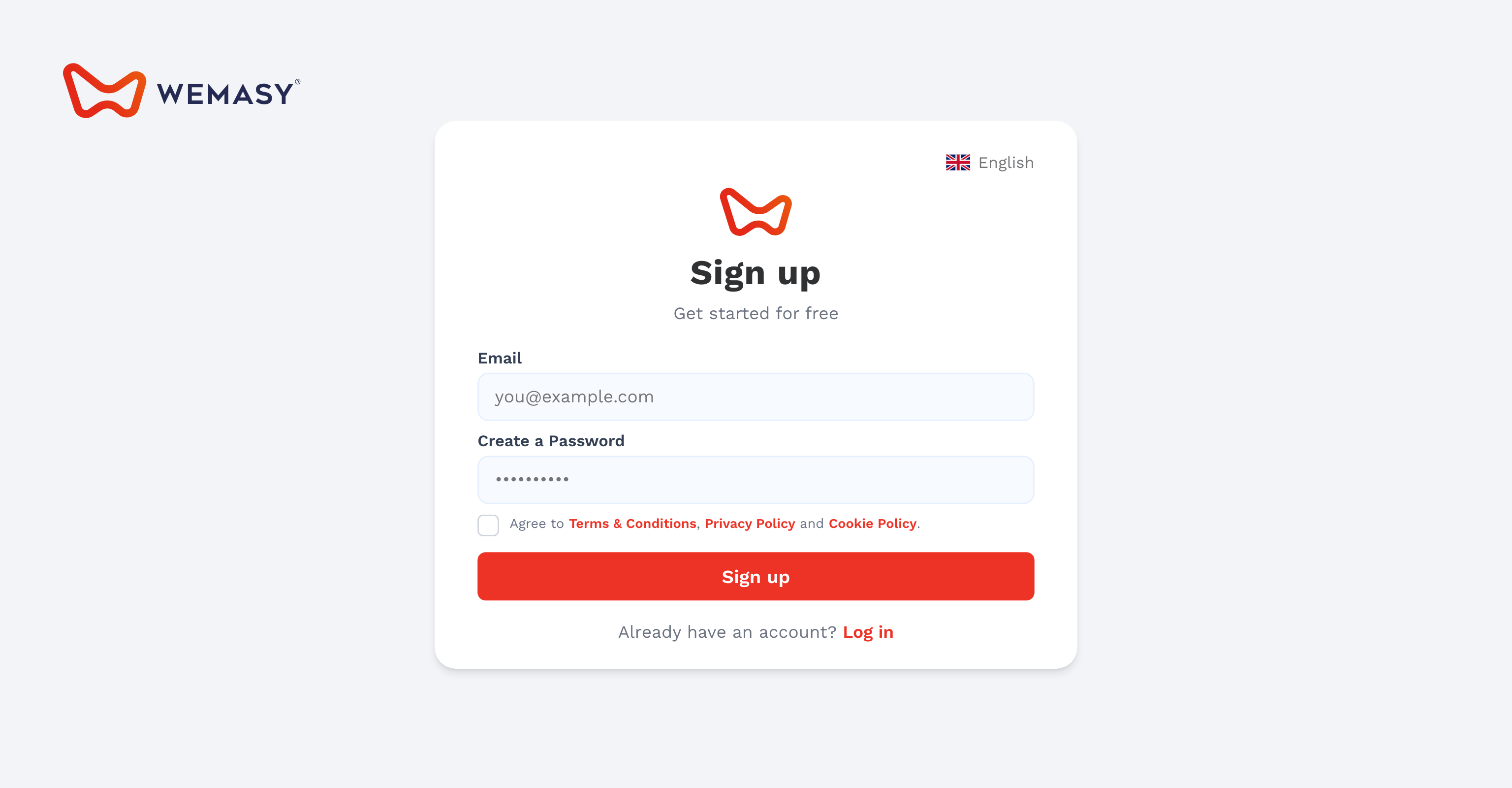 Ekran rejestracji WEMASY z polami e-mail i hasło