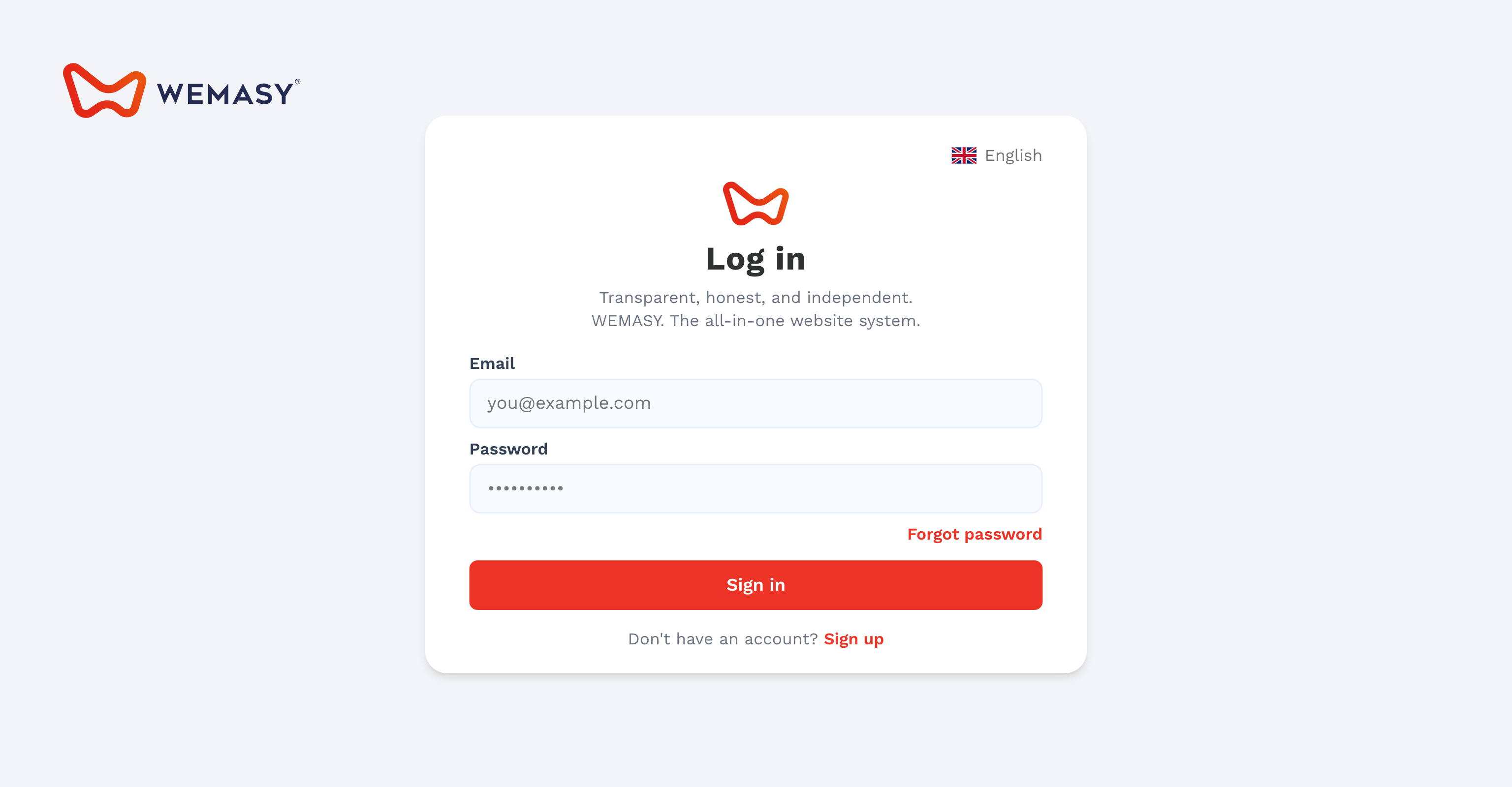 Ekran logowania WEMASY z polami e-mail i hasło